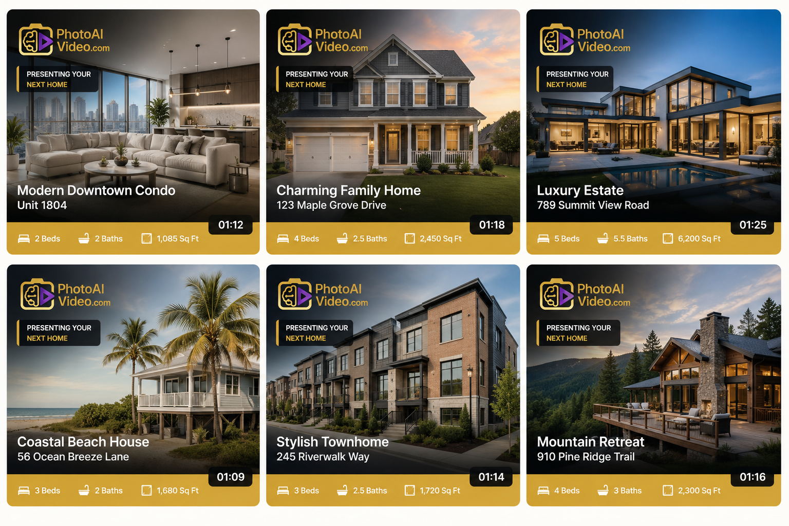 Grid of real estate listing video thumbnails showing consistent branding across every listing