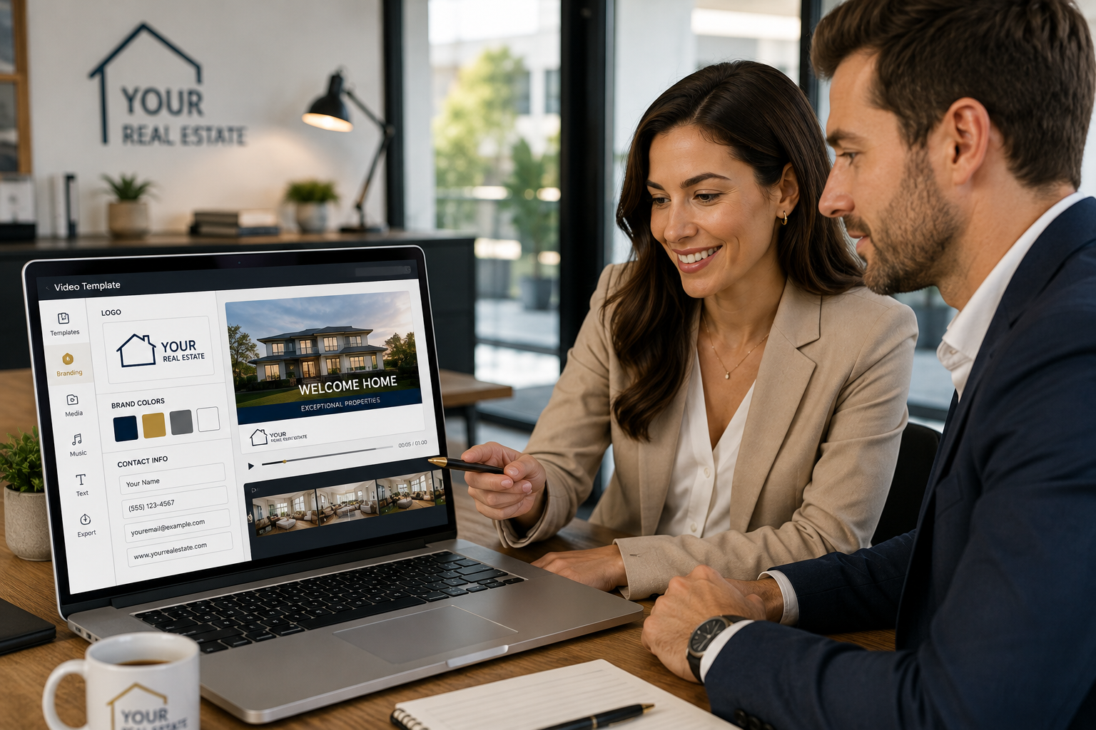 Real estate team using shared branding templates in a video creator for consistent listing videos