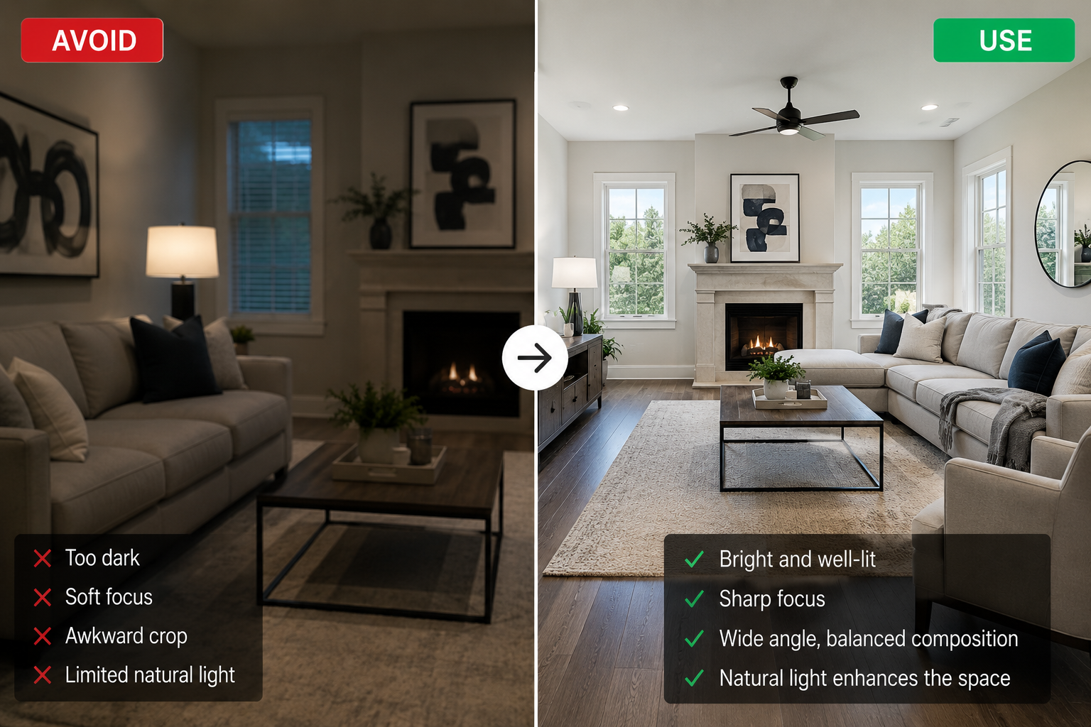 Side-by-side comparison of a blurry, poorly lit listing photo next to a sharp, well-lit version of the same room