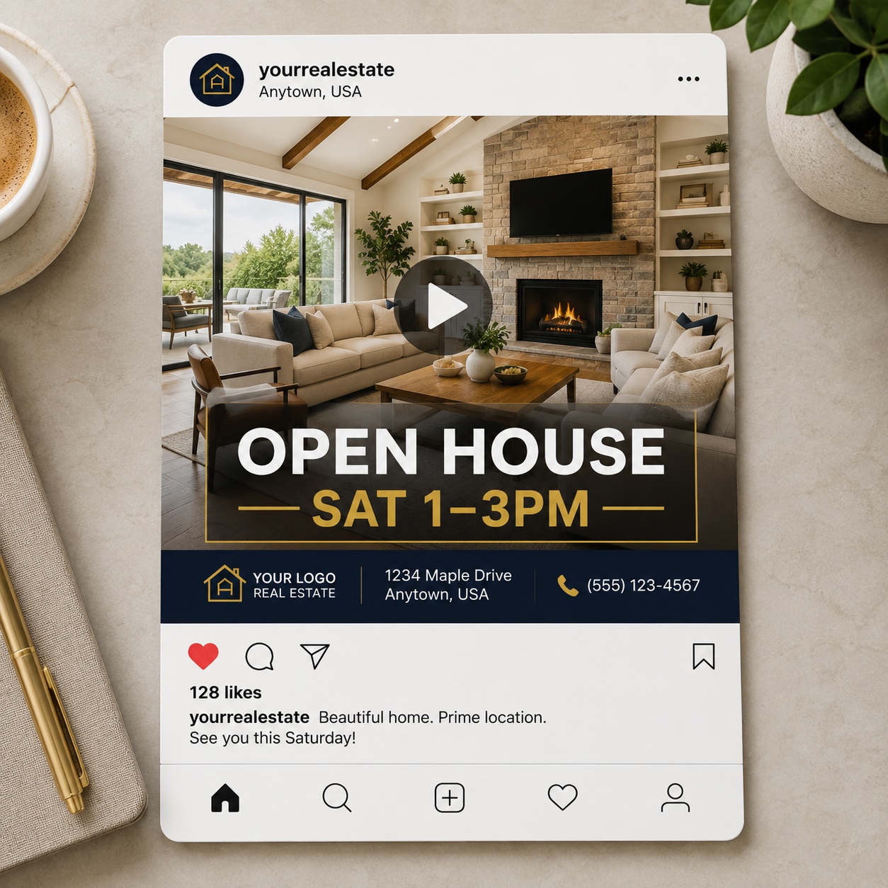 Social media post mockup for an open house invite video showing the property, date, and time overlay