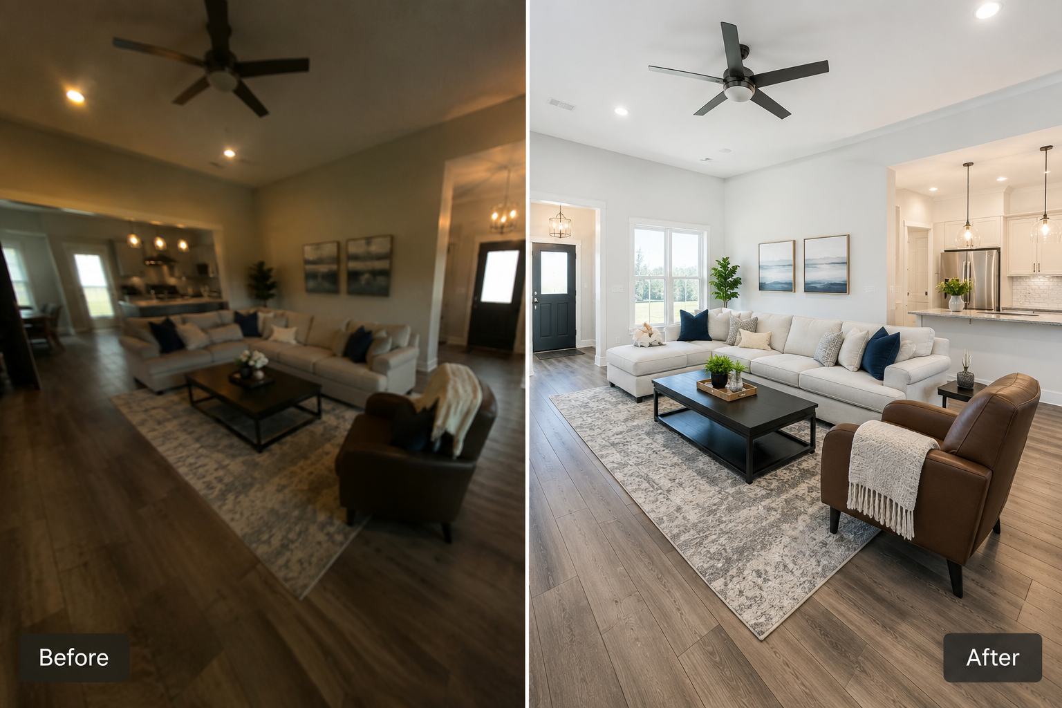 Side-by-side comparison of a blurry, poorly lit listing photo next to a sharp, well-lit version of the same room