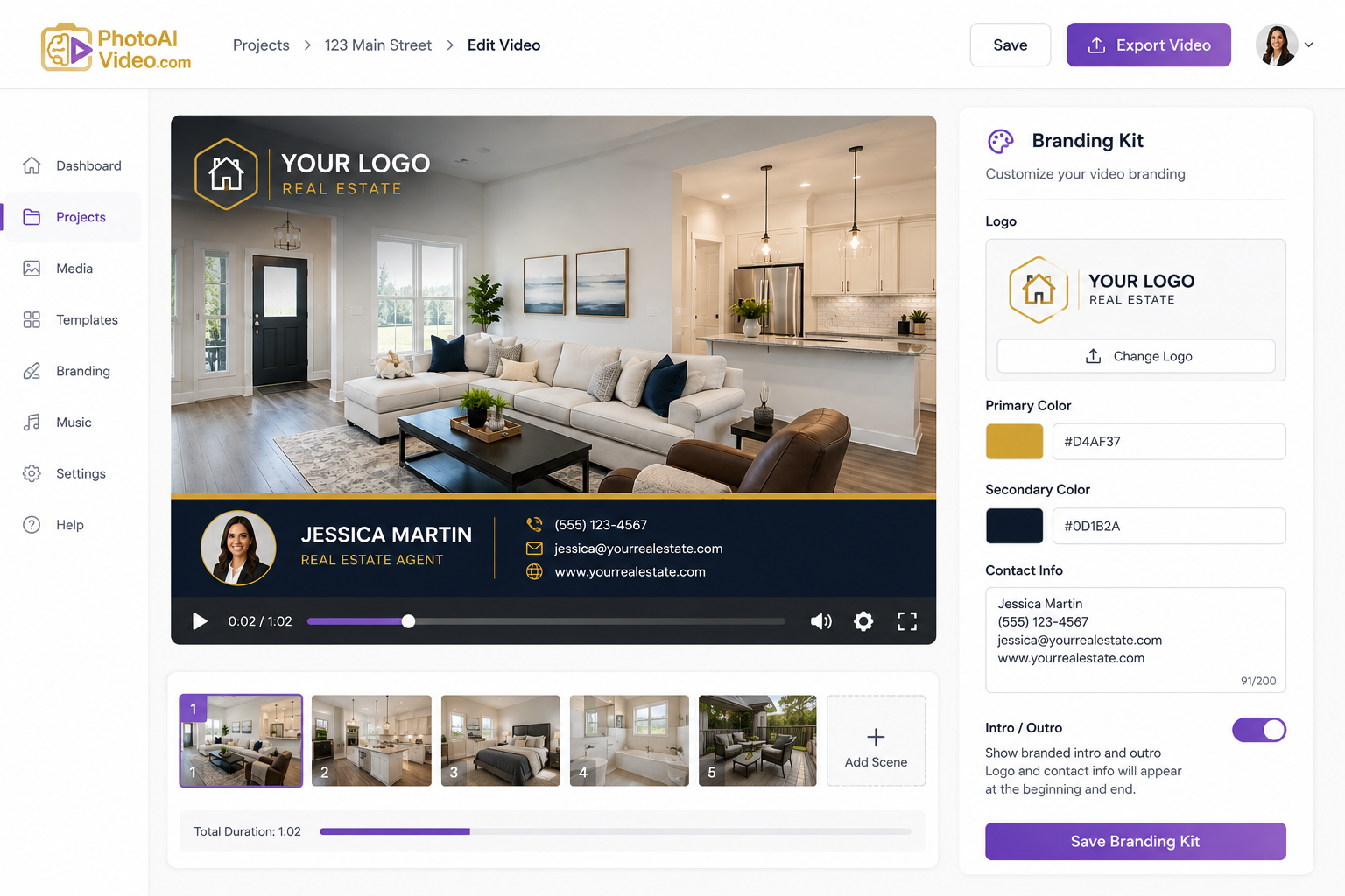 Example of a branded real estate listing video interface showing a saved logo, brand colors, and agent contact information