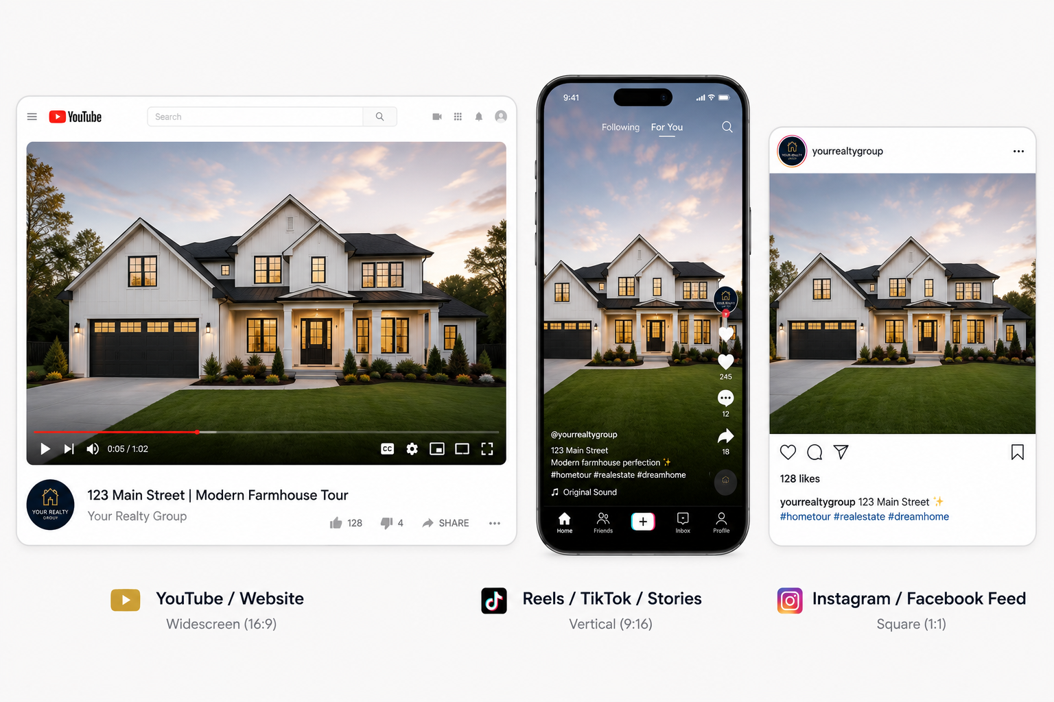 One real estate listing video exported in three formats — widescreen 16:9, vertical 9:16, and square 1:1 — for different platforms