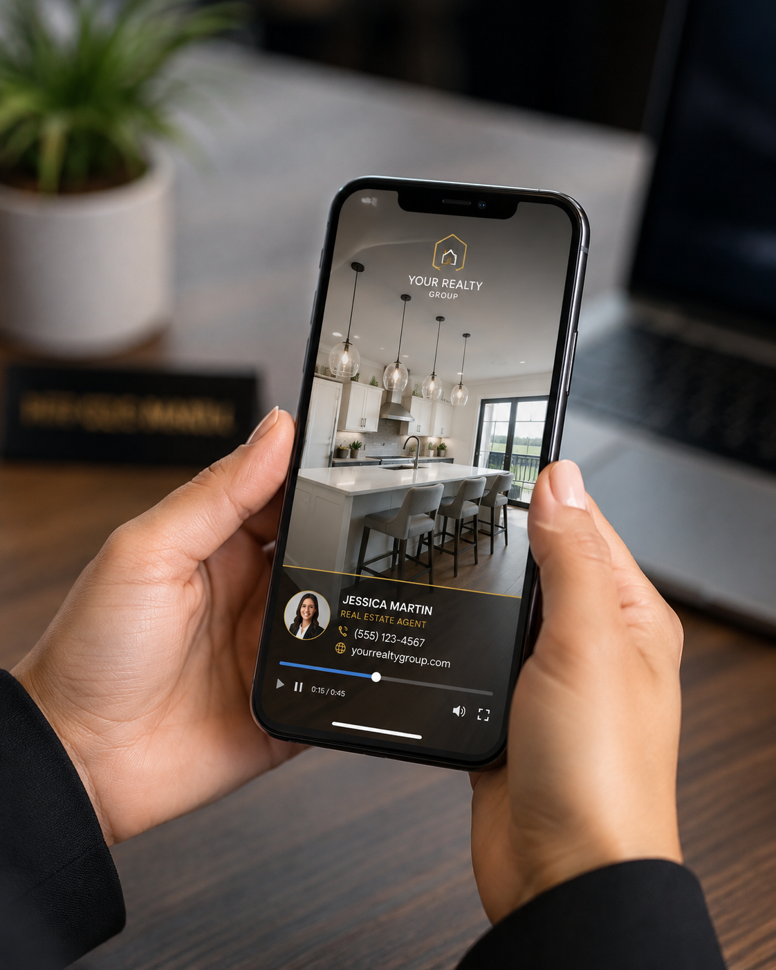 Real estate agent checking a finished listing video on a smartphone before posting it to social media