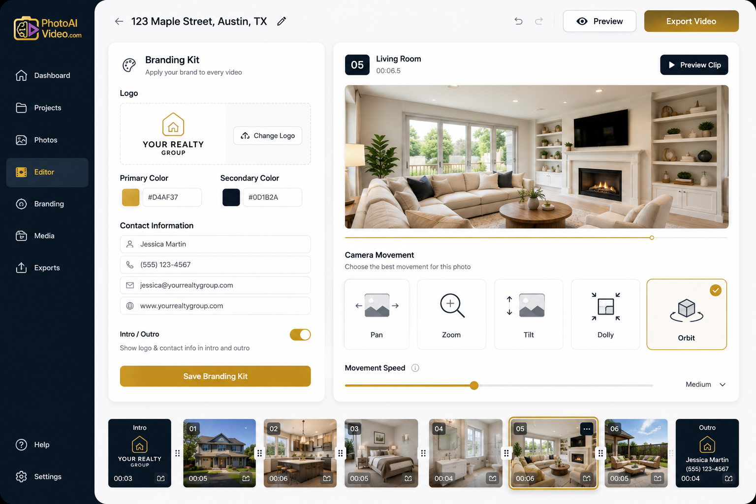 Applying a saved branding kit and choosing camera movement per room in a real estate video creator