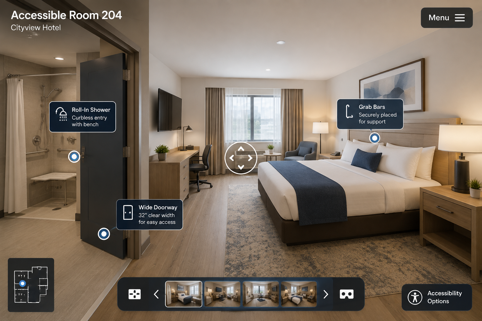 Virtual tour scene of an accessible hotel room with labeled features like roll-in shower and door width