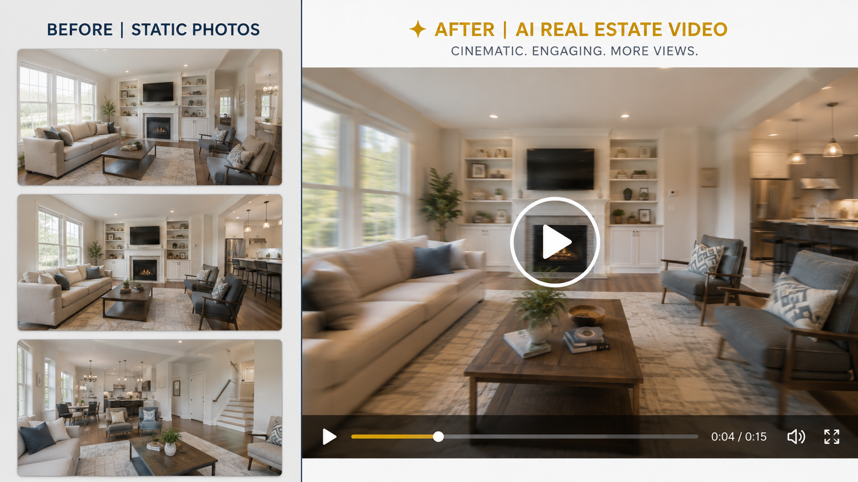 Side-by-side comparison of a static real estate photo listing versus a video-based listing