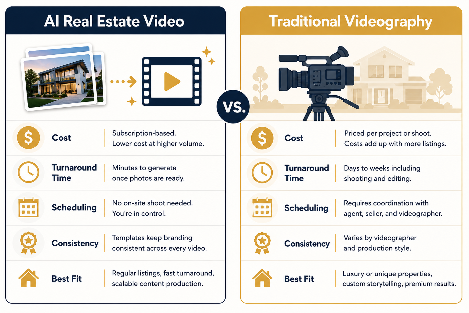 Infographic comparing AI real estate video and traditional videography across cost, turnaround time, scheduling, consistency, and best fit
