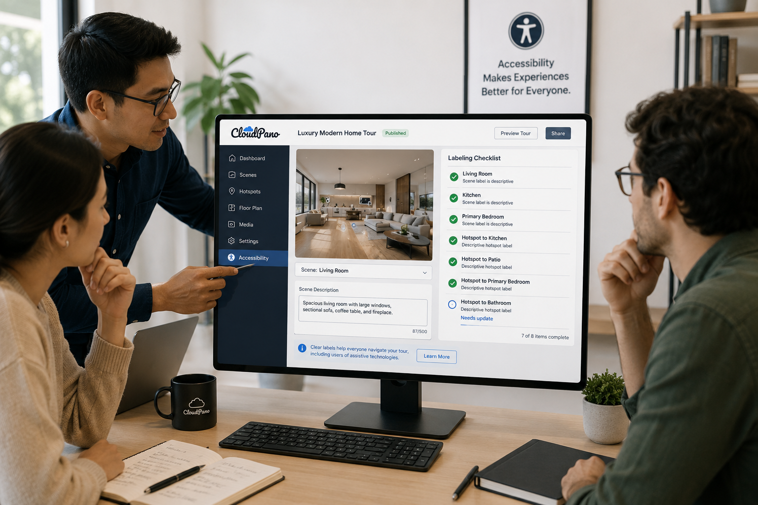 Illustration of a team implementing an ADA widget and updating hotspot labels on a virtual tour