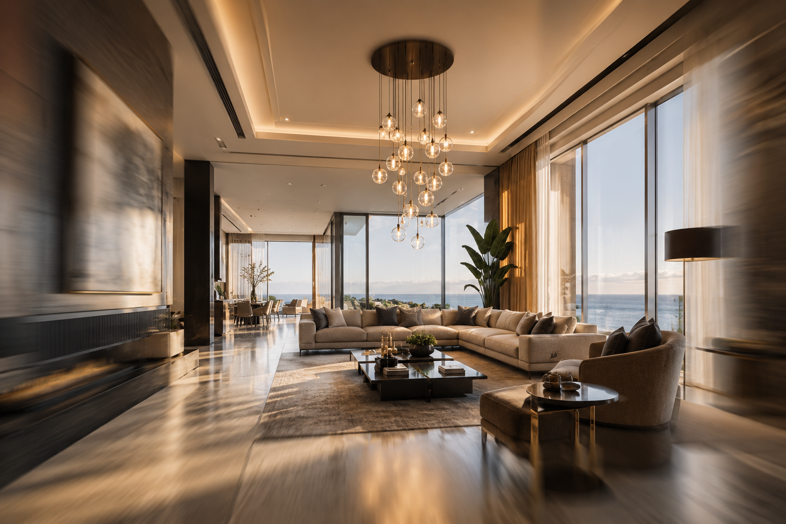 Cinematic living room of a luxury estate with a smooth camera pan effect illustrating AI-generated camera movement