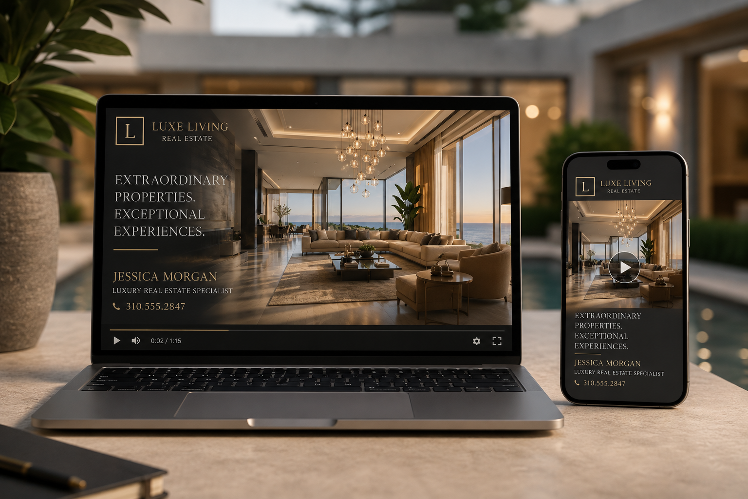 Mockup of a branded luxury real estate video showing agent logo, contact info, and a polished intro screen on a laptop and phone