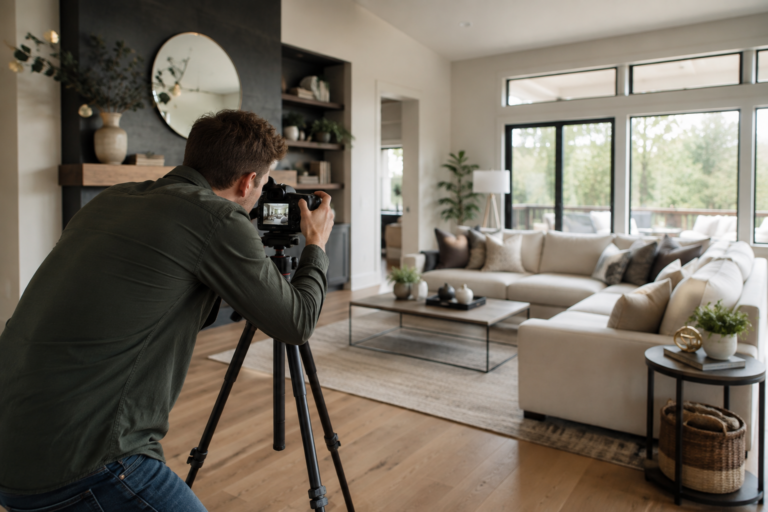 Real estate photographer capturing interior listing photos that will later be used to create an AI real estate video