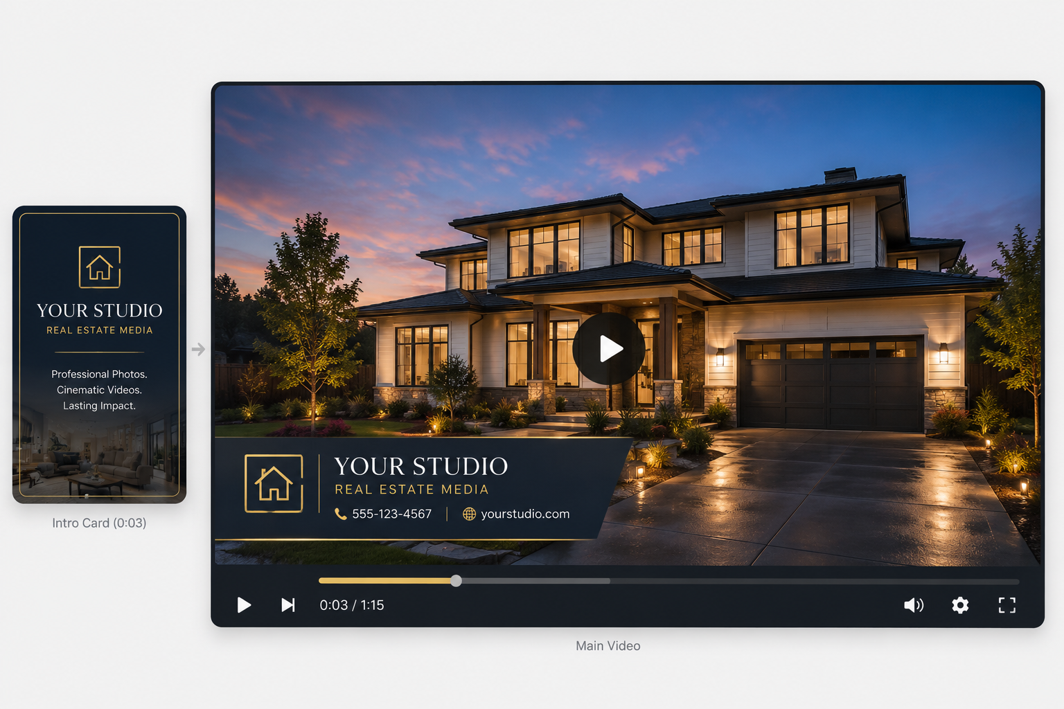 Example of a white-label AI real estate video with a photography studio's own logo and branding instead of a third-party watermark