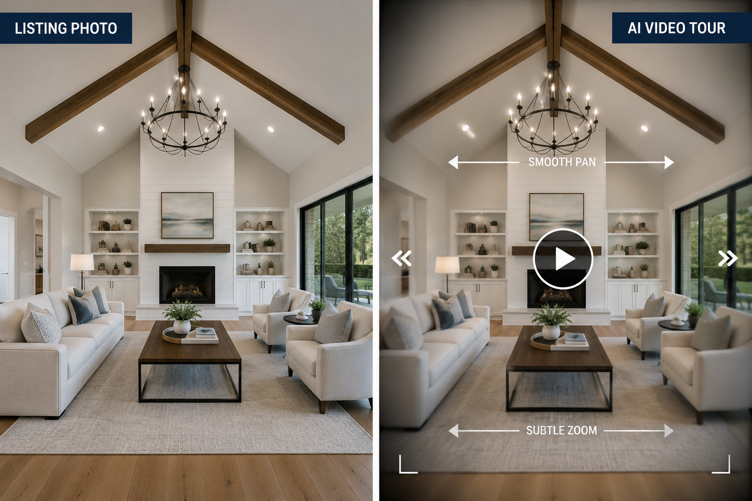 Split-screen comparison of a static real estate listing photo transforming into a cinematic video with camera movement