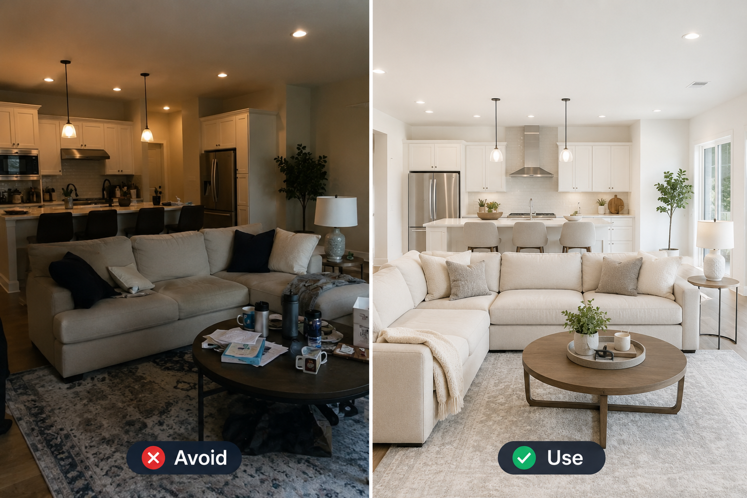Side-by-side comparison of a poorly lit real estate photo versus a bright, well-composed listing photo