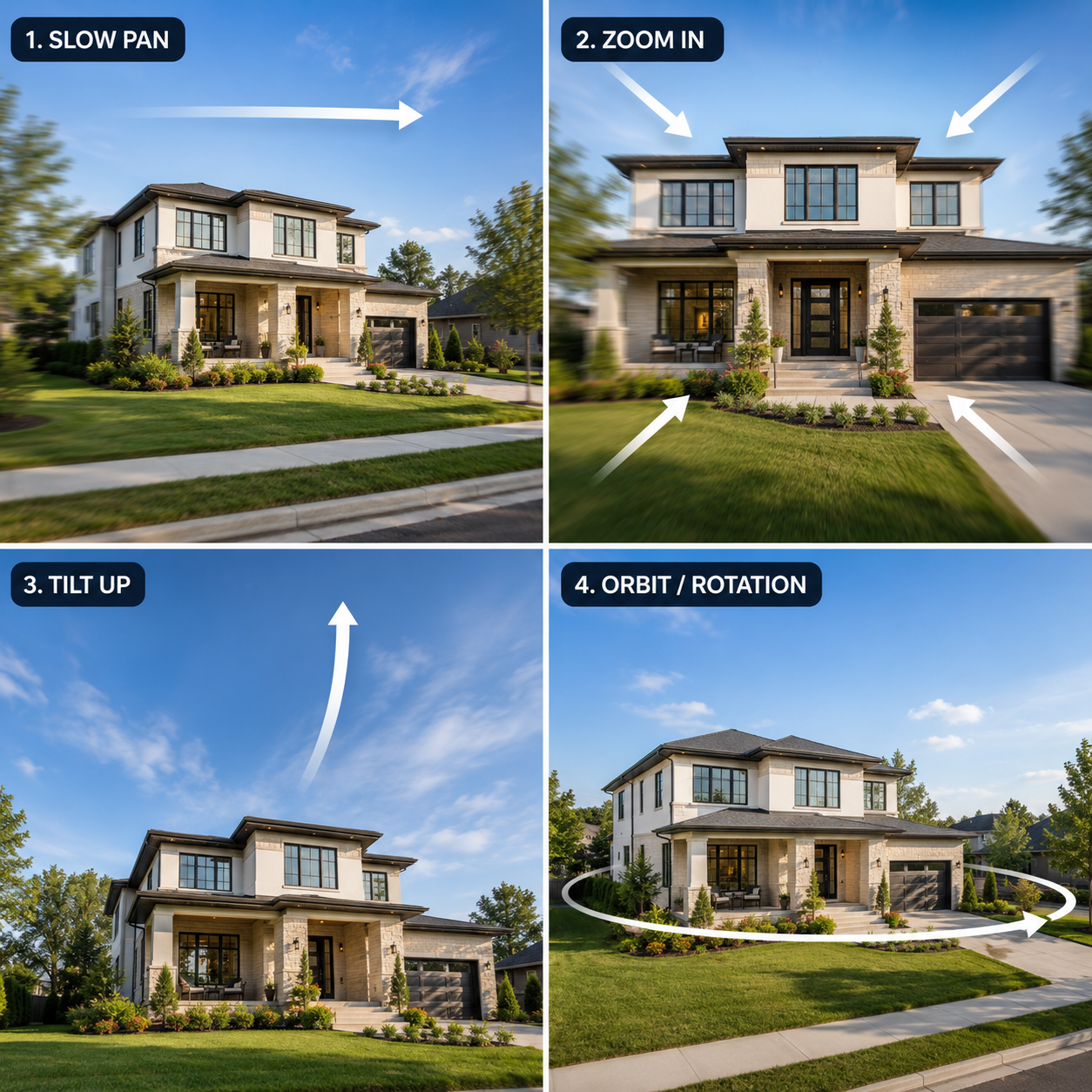 Split-frame comparison of different cinematic camera movements applied to a real estate listing photo