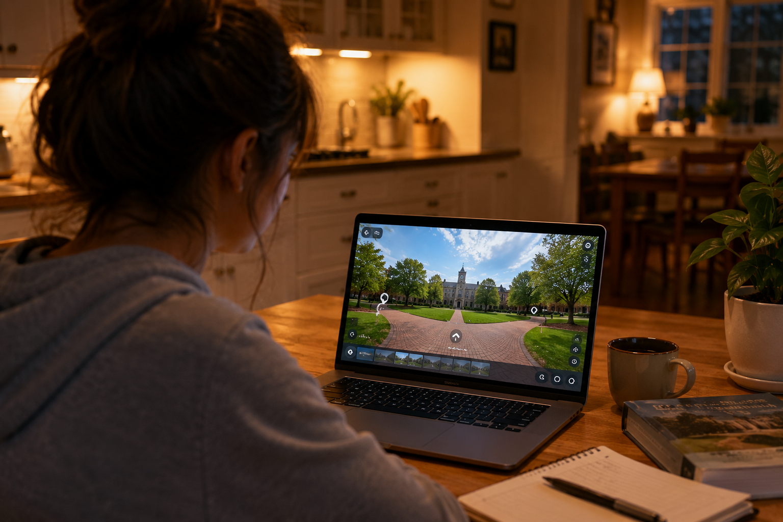 Prospective student exploring a 360-degree university virtual tour on a laptop at home
