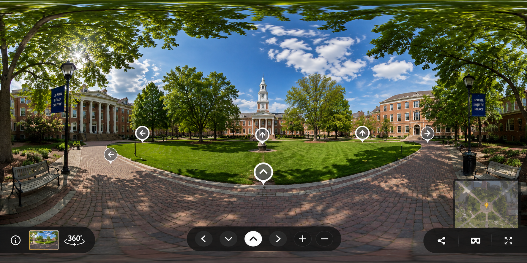 360-degree virtual tour scene of a university campus quad with hotspot navigation points