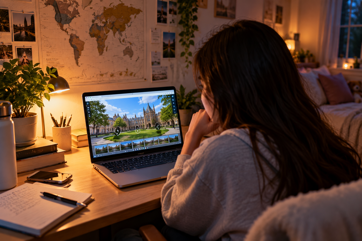 Prospective student viewing a 360-degree virtual campus tour on a laptop at home