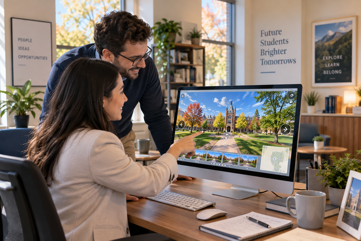 Enrollment marketing staff reviewing a 360-degree campus virtual tour on a desktop computer in an admissions office