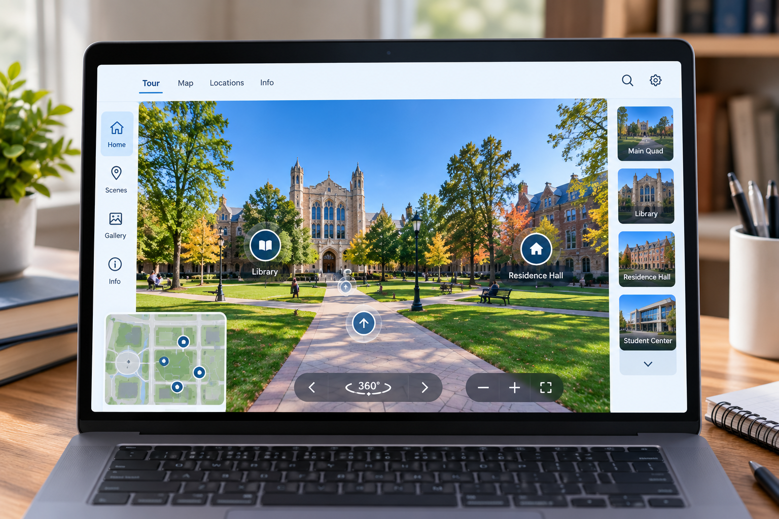 Software interface mockup showing hotspot navigation arrows connecting a campus quad scene to a library and residence hall in a virtual tour