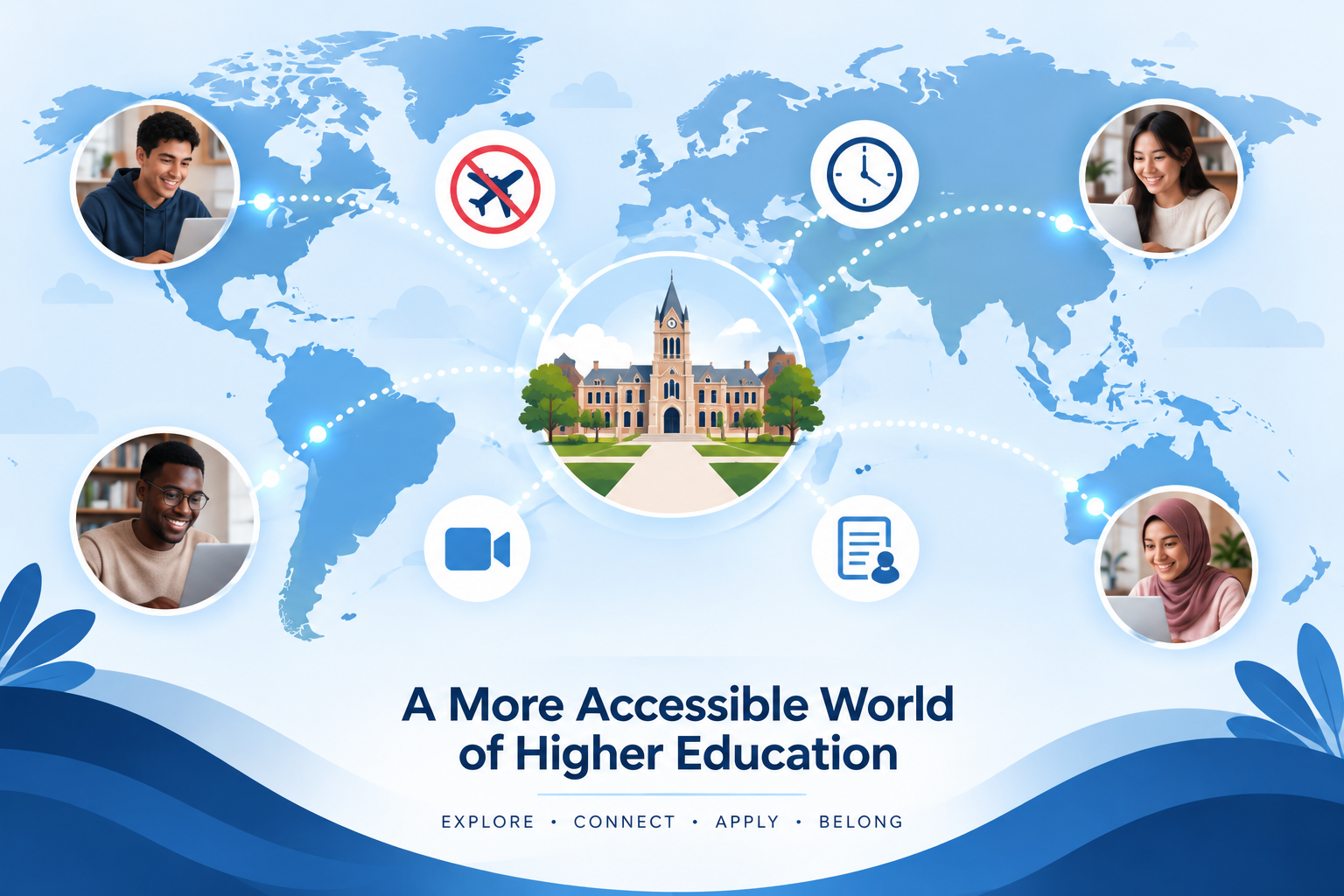 Infographic showing how virtual campus tours connect international students across time zones to admissions offices
