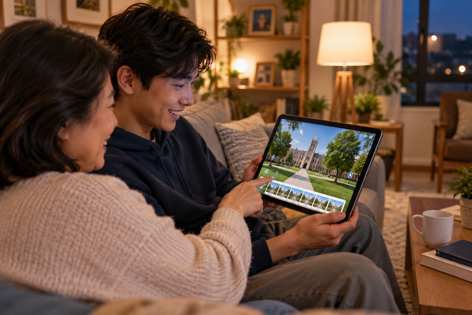 Prospective international student and family viewing a 360-degree virtual campus tour on a tablet