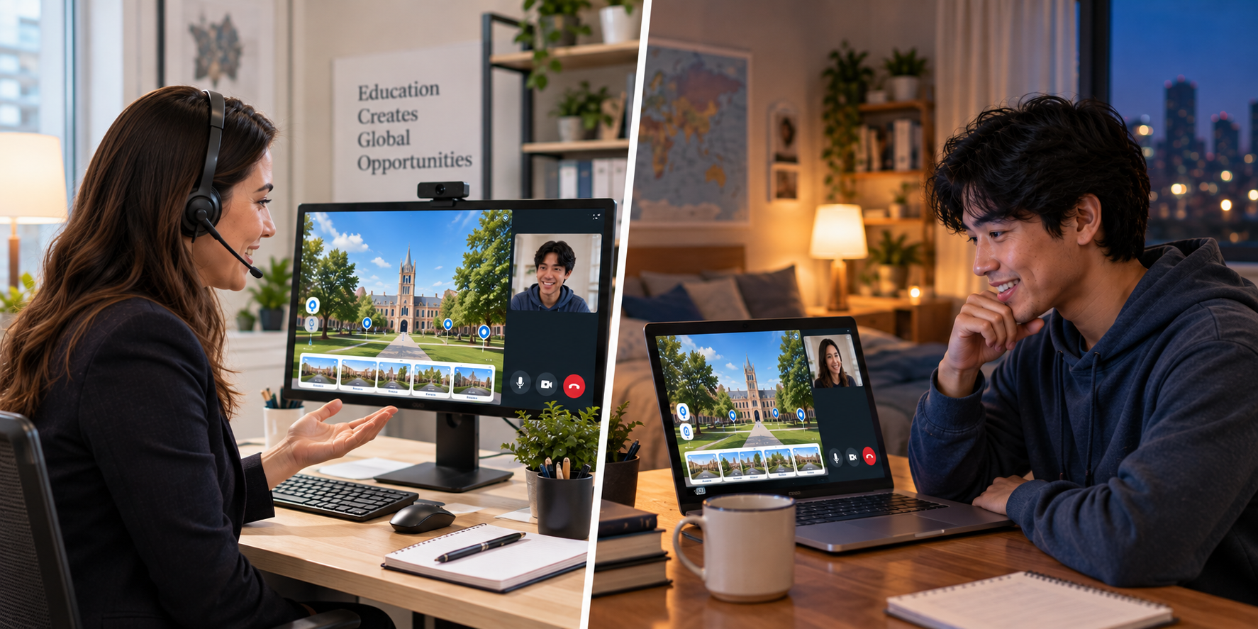 Admissions counselor using live 360-degree video chat to guide an international student through a virtual campus tour