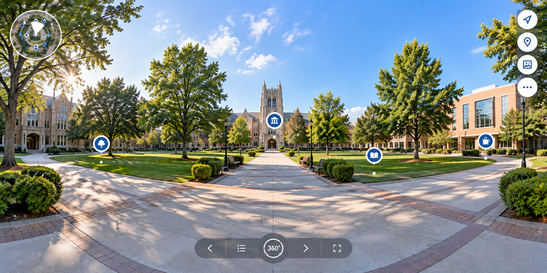 Example of 360-degree campus virtual tour interface showing hotspot navigation between scenes