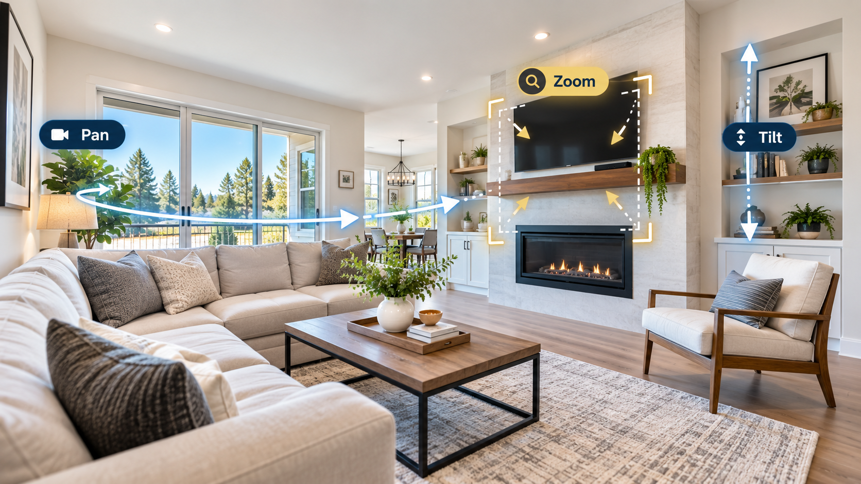 Still listing photo of a modern living room with overlaid arrows illustrating AI-applied camera pan, zoom, and tilt motion paths