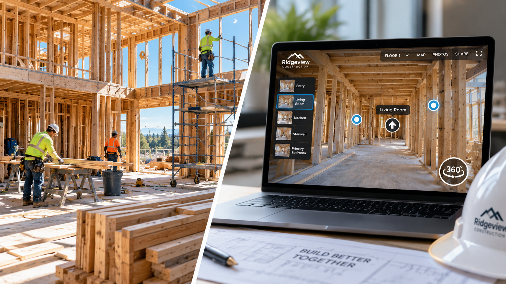 Split-screen comparison of a construction site 360-degree virtual tour interface next to a real jobsite under construction