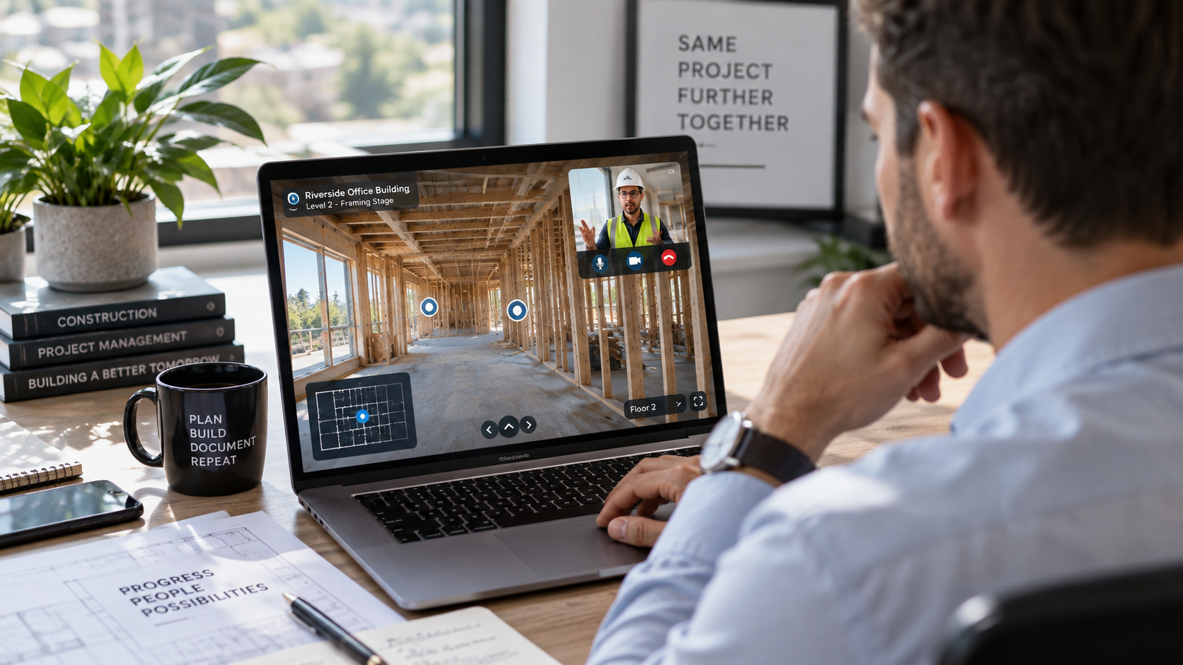 Project stakeholder reviewing a construction virtual tour remotely on a laptop during a video call