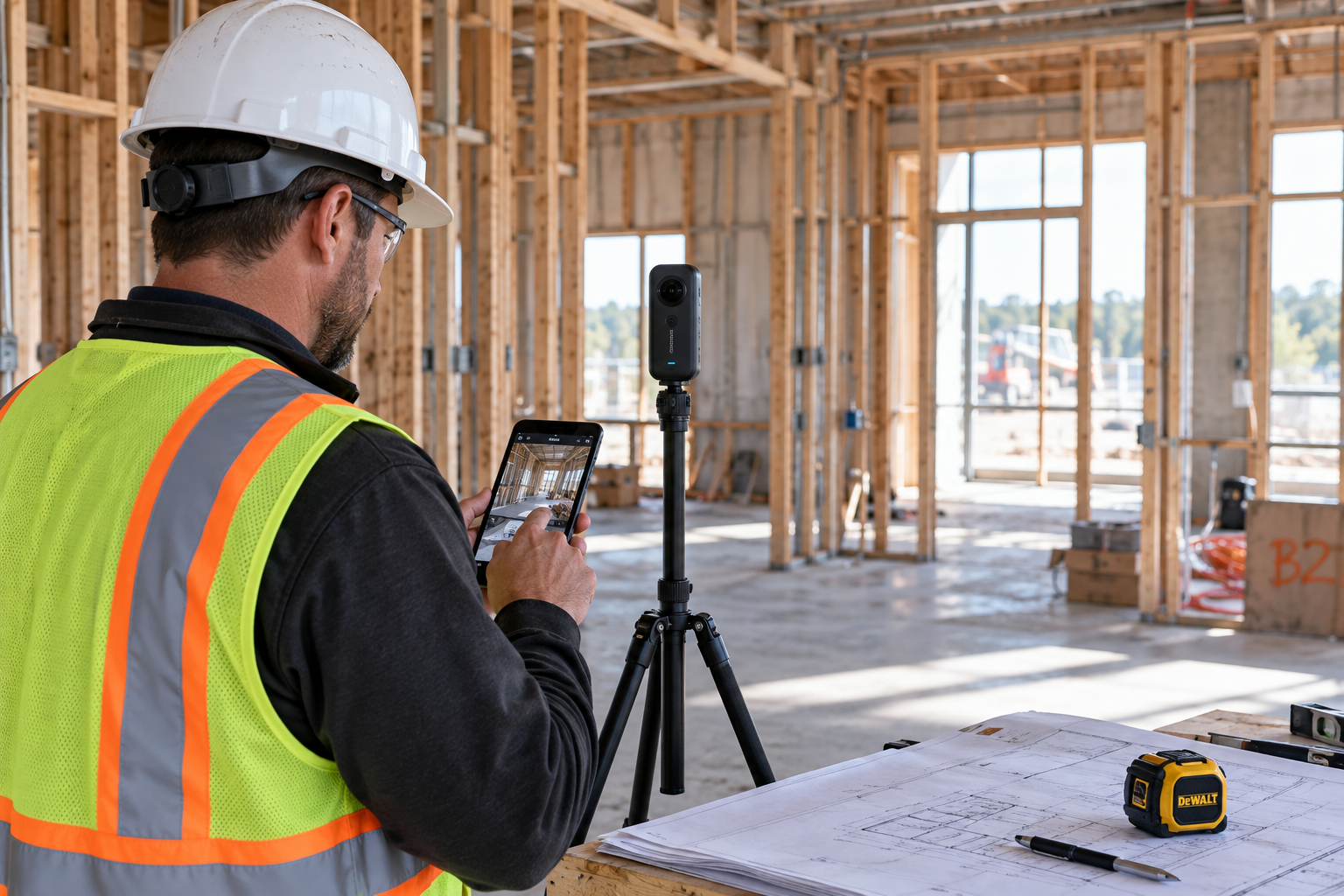 Construction project manager capturing a 360-degree photo of an active jobsite using a panoramic camera on a tripod