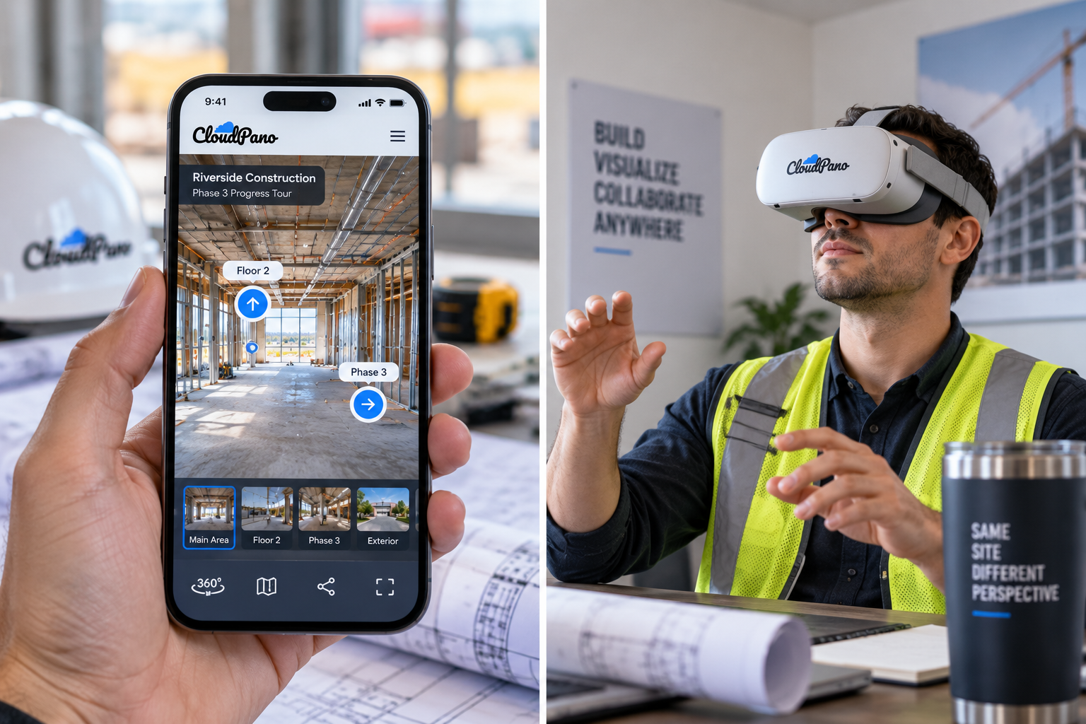 Split image showing a virtual construction site tour being viewed on a mobile phone and through a VR headset