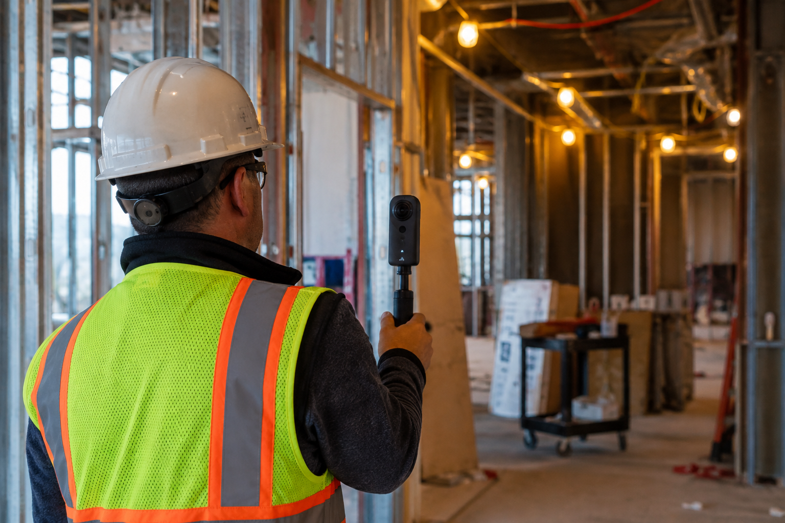 A site worker holding a 360-degree camera at chest height while capturing a photo inside a partially finished construction interior