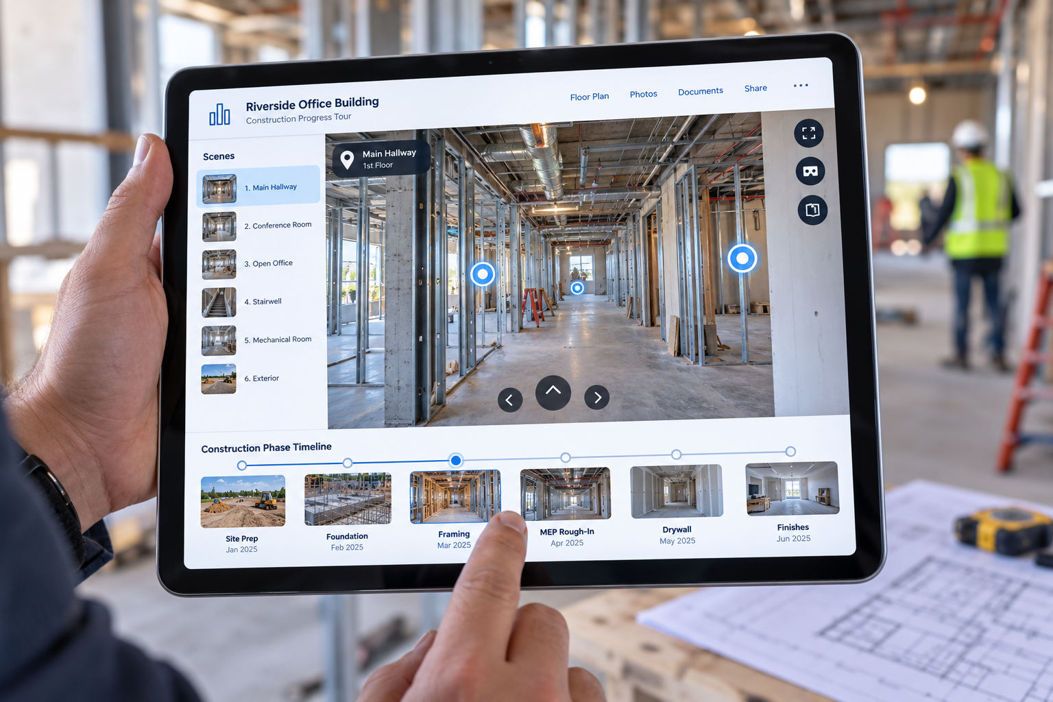 Virtual tour software interface showing hotspot navigation connecting rooms and construction phases on a tablet screen