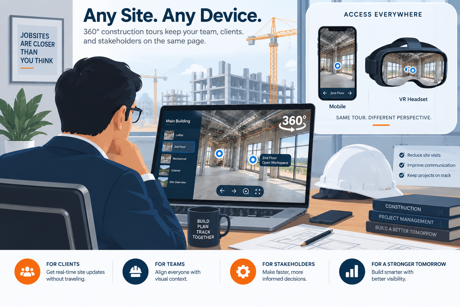 Illustration of a remote stakeholder reviewing a construction project through a 360-degree virtual tour on a laptop and mobile device