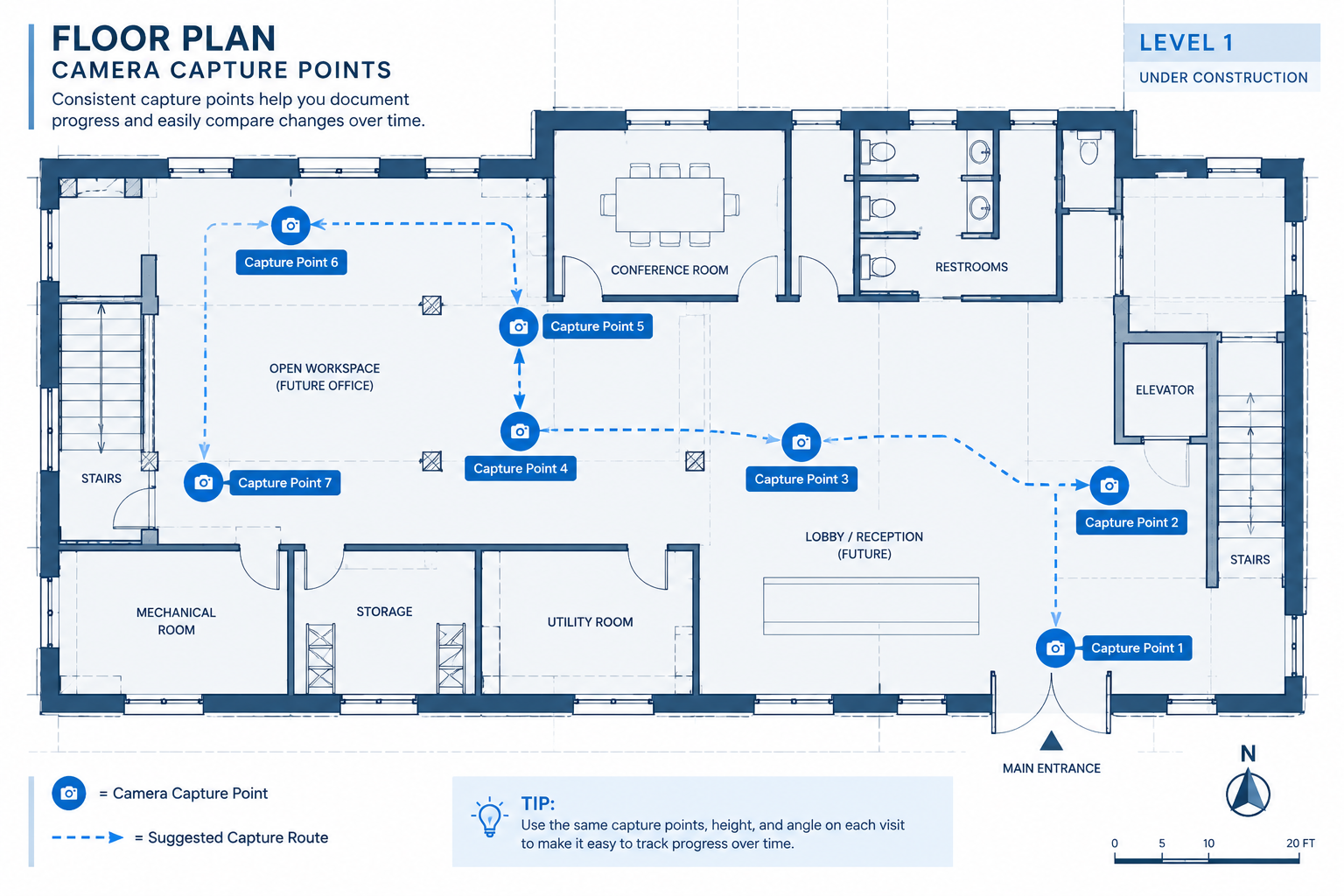 Construction site diagram showing marked 360-degree camera capture points across a floor plan