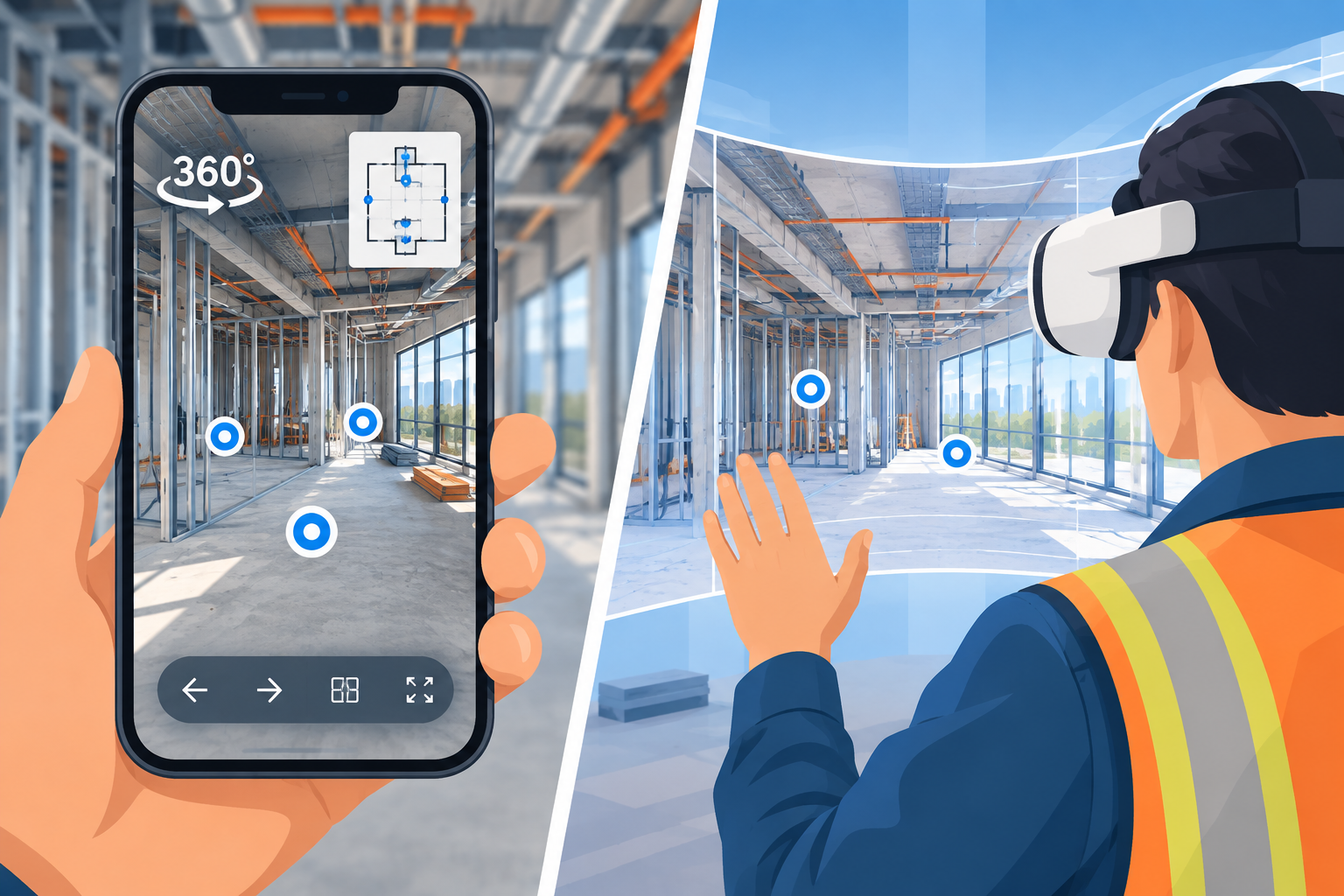 Split image showing a virtual construction tour viewed on a mobile phone and in a VR headset