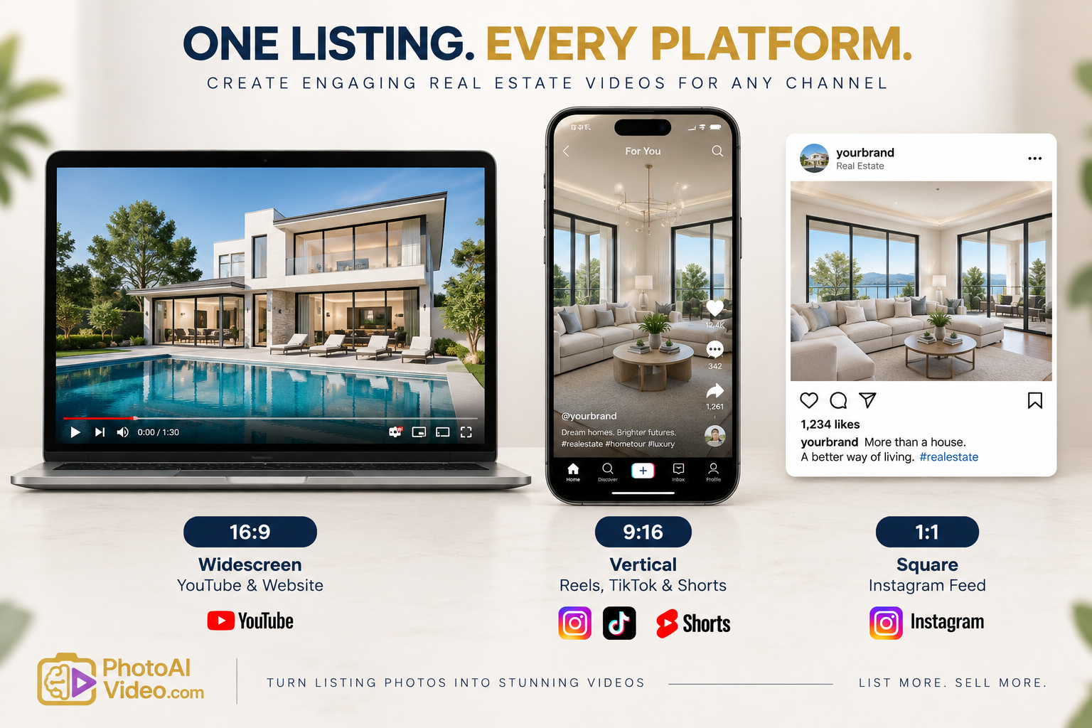 Three video export formats shown side by side — widescreen, vertical, and square — for different social media platforms