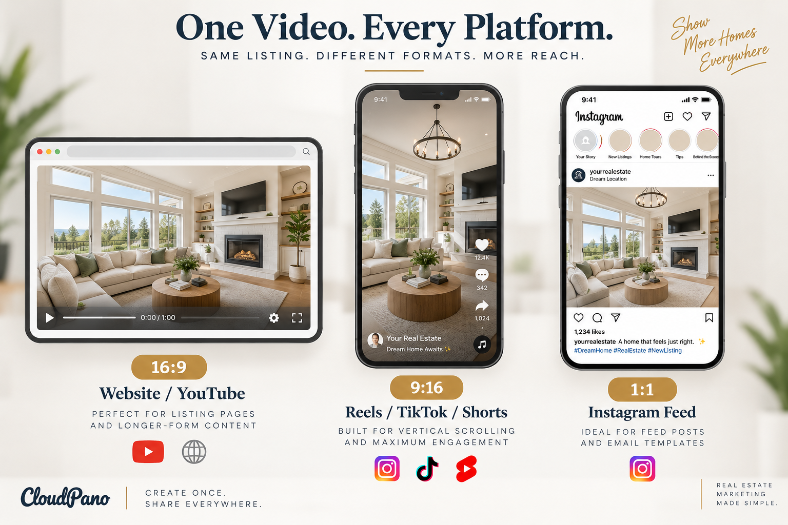 Comparison of a real estate listing video exported in 16:9, 9:16, and 1:1 aspect ratios