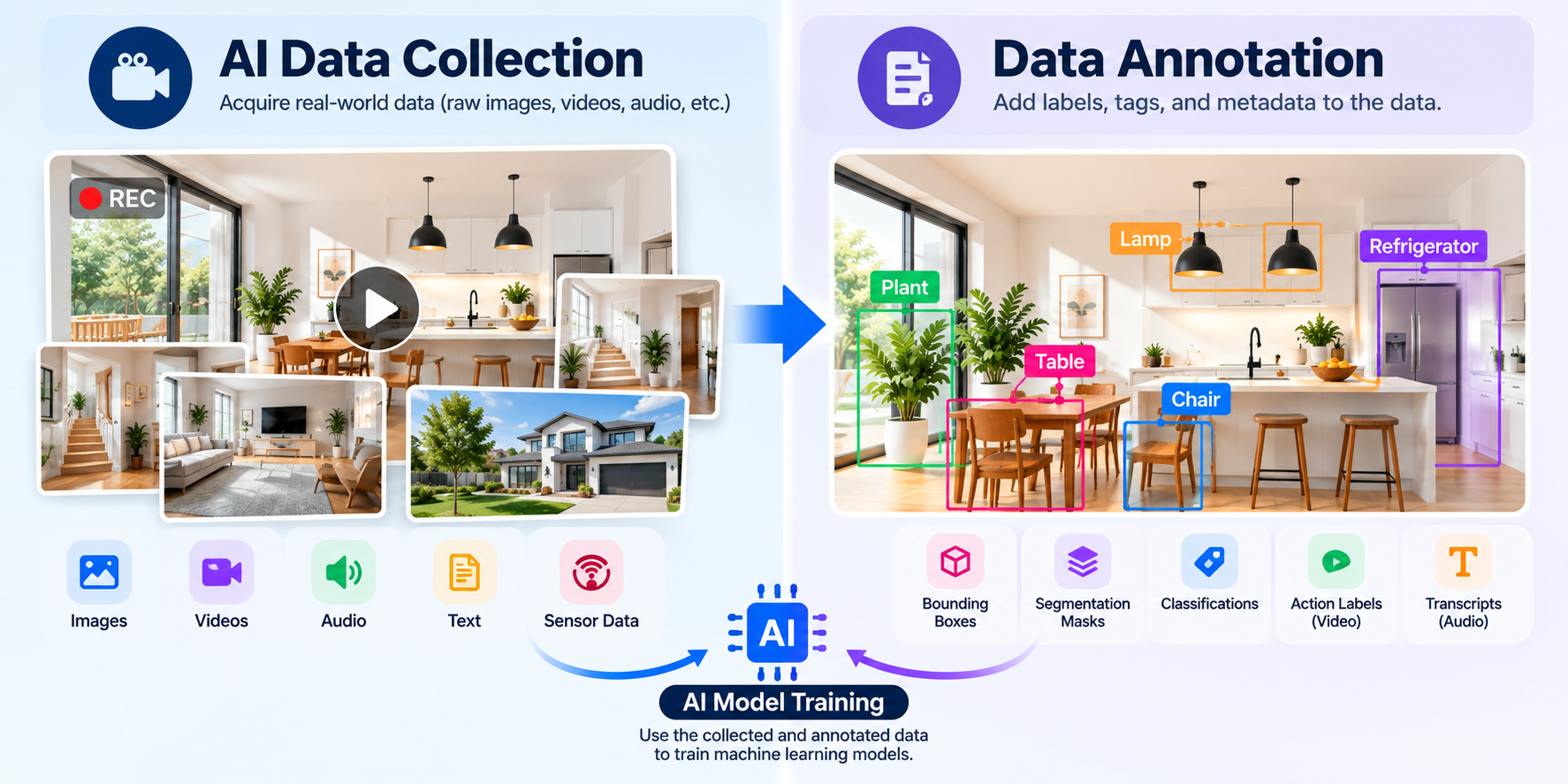 AI data collection vs. data annotation showing raw images, video, audio, text, and sensor data transformed into labeled data for AI model training.