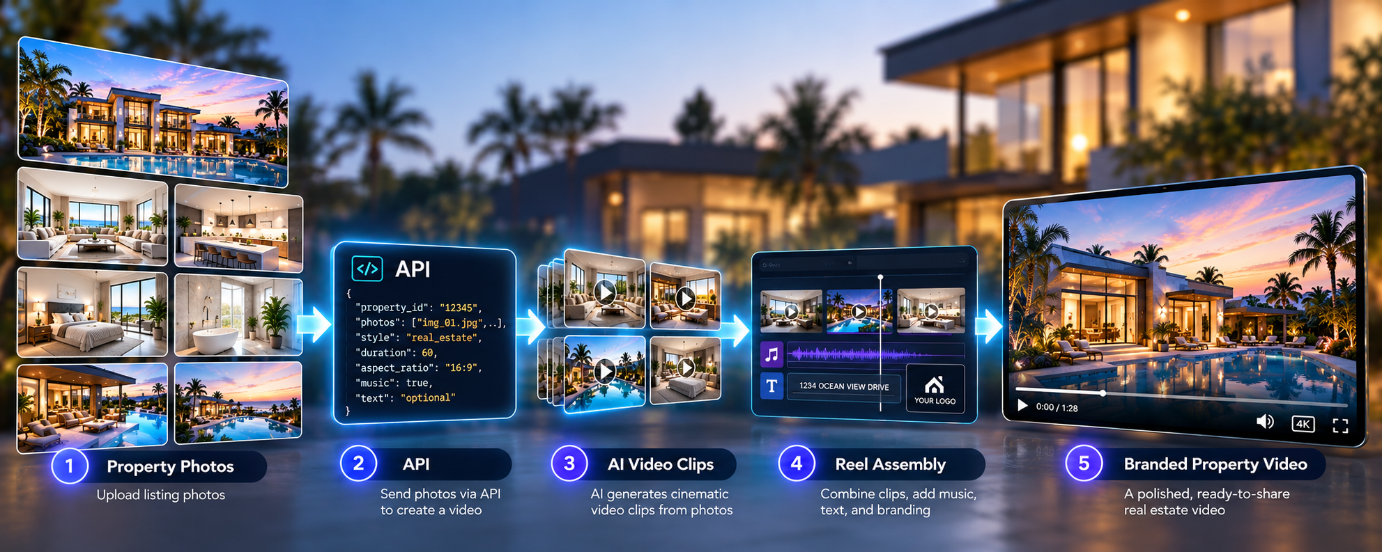Diagram showing how a real estate video API turns property photos into a branded listing