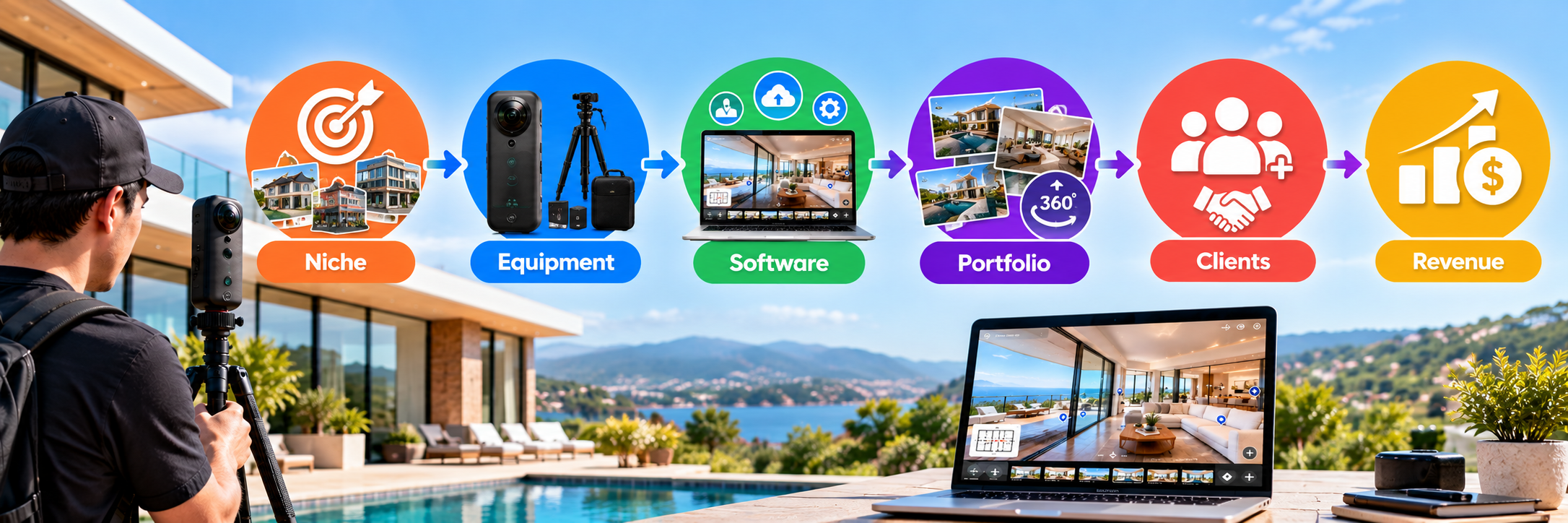 How to start a virtual tour business in 10 steps, from choosing a niche and equipment to finding clients and growing revenue.