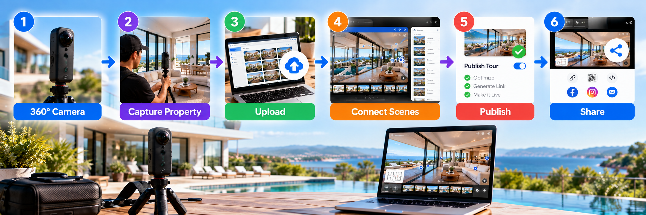 How a virtual tour is created using a 360° camera, from capturing a property and uploading images to connecting scenes, publishing, and sharing the tour.