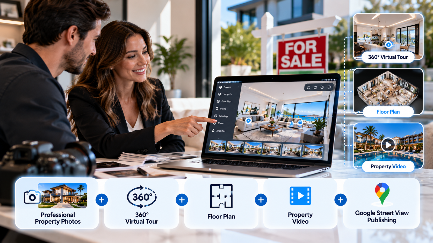 Real estate agent presenting a 360 virtual tour with property photos, floor plan, property video, and Google Street View services.