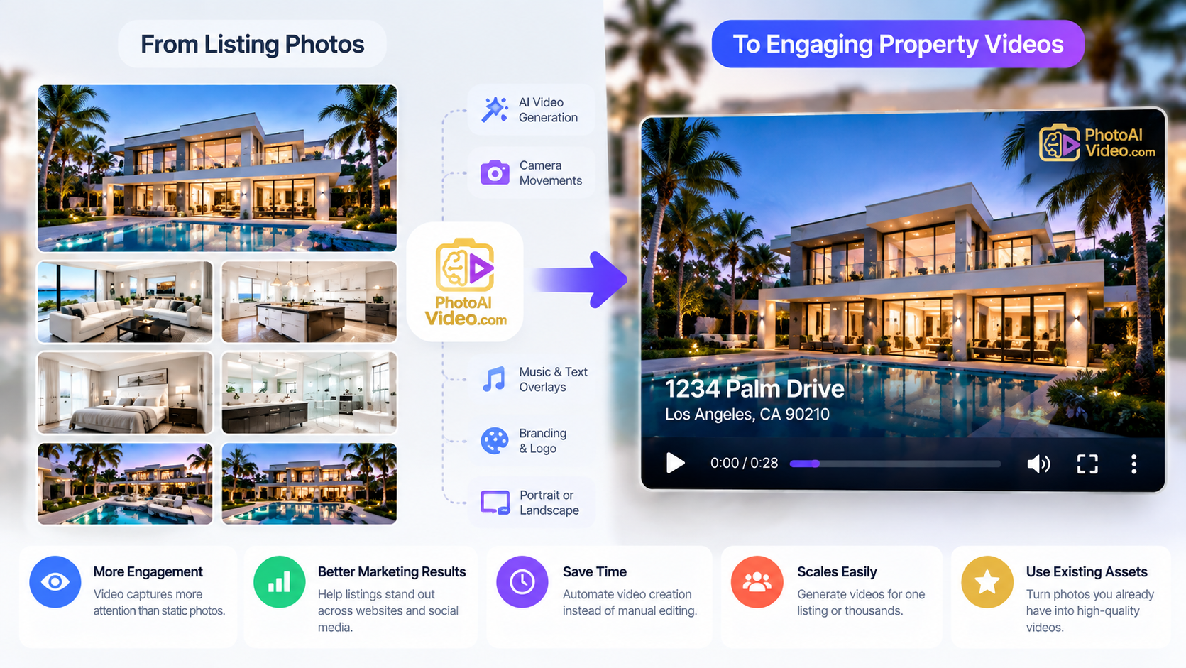 Listing photos transformed into an engaging property video using a real estate video API