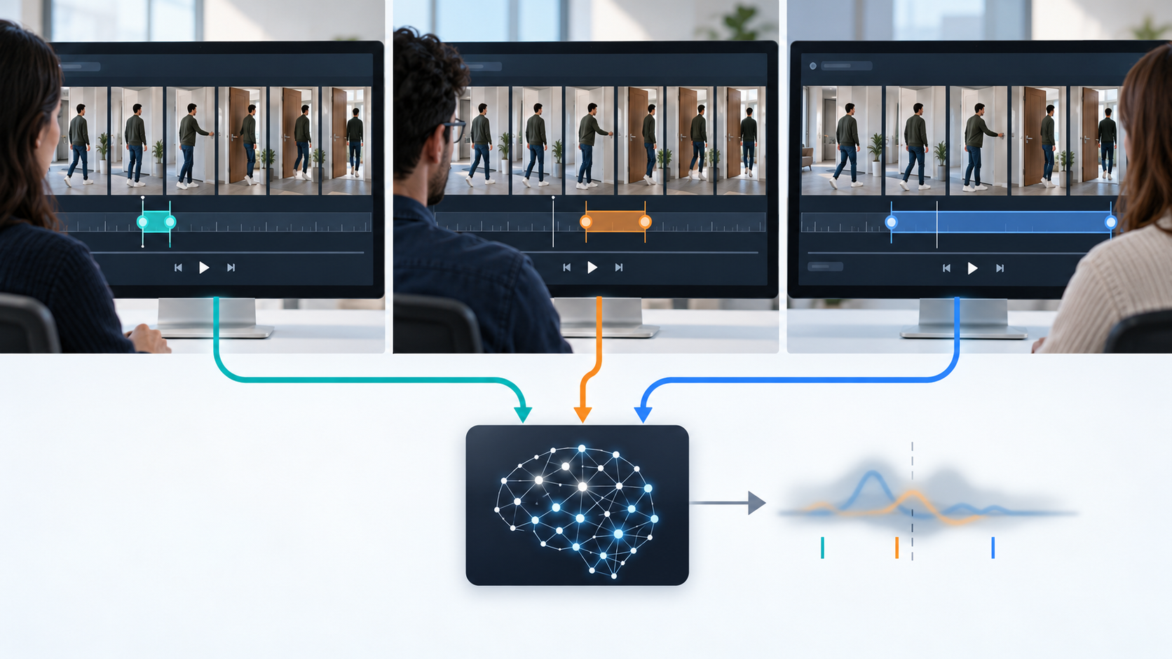 Three annotators mark different moments in the same door-opening video, showing how inconsistent labels can confuse an AI model.