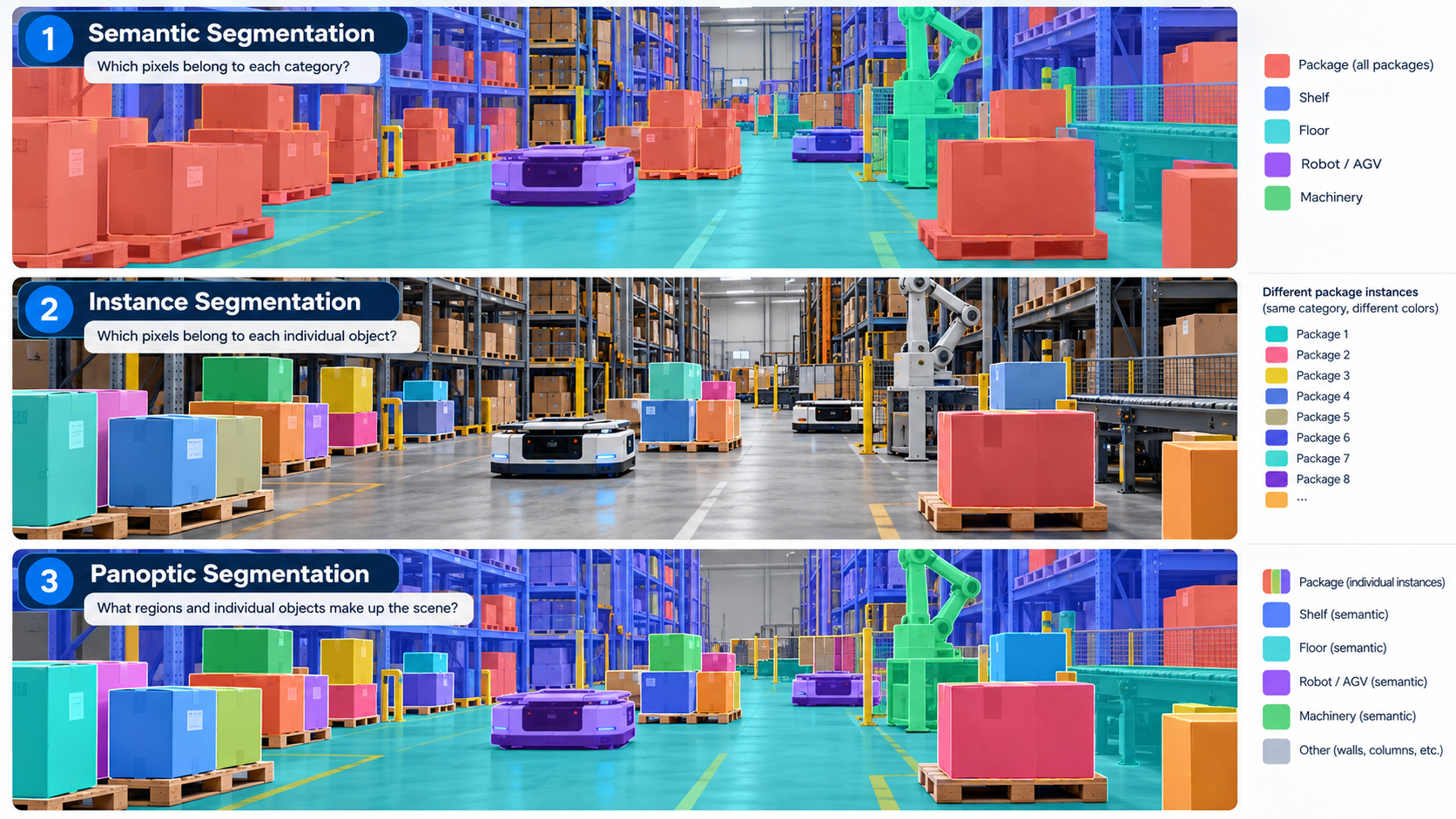 Comparison of semantic, instance, and panoptic segmentation using an AI-annotated warehouse scene.