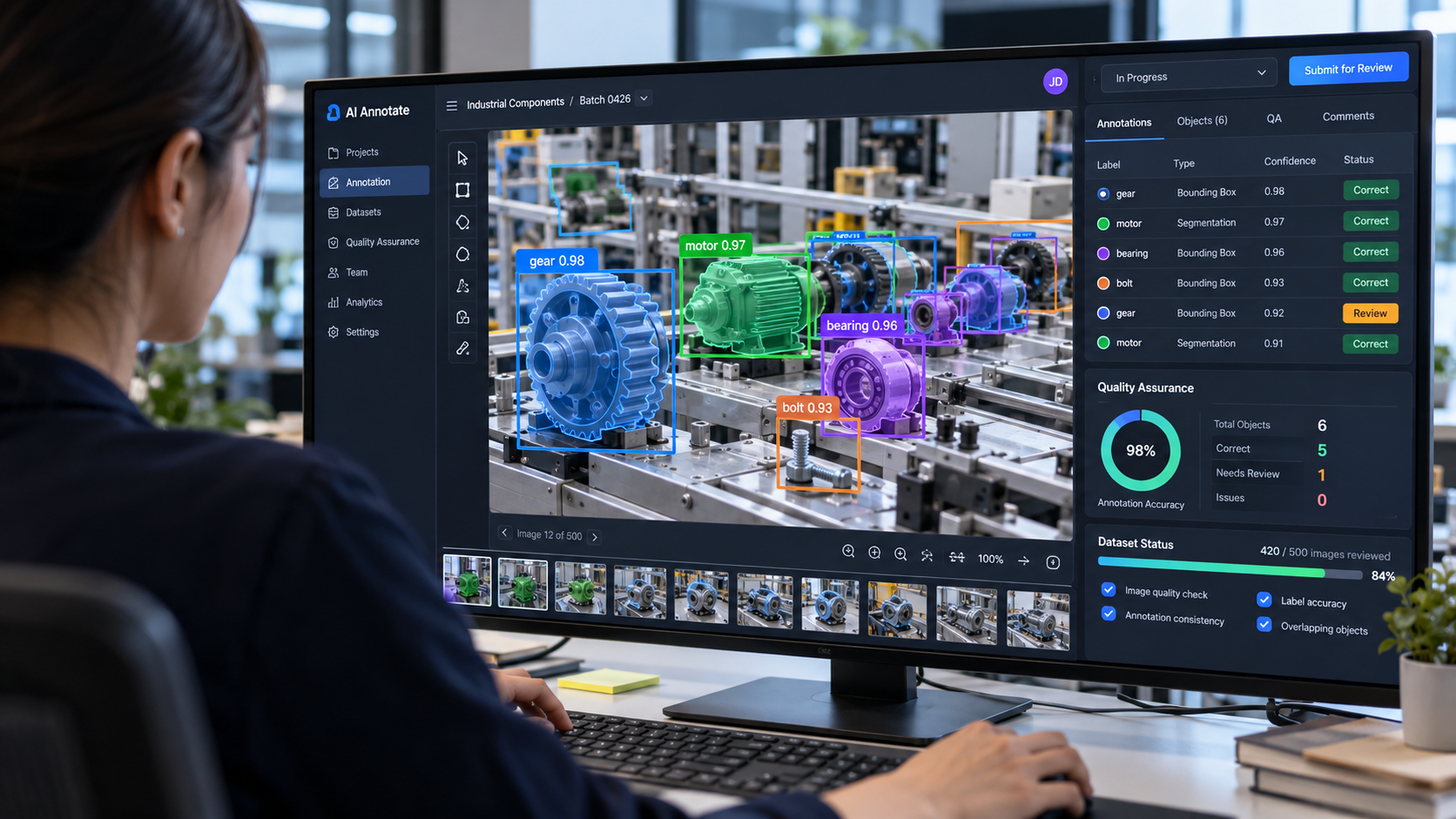 AI data annotation specialist reviewing bounding boxes, segmentation masks, and classification labels for computer vision training data.